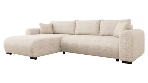 MIRJAN24 Ecksofa Merkos - Beige L-Form mit Bettkasten und Schlaffunktion - Sofas für das Wohnzimmer: Freistehendes Ecksofa mit Holzrahmen, ausziehbar, mit Bettkasten und bequemer Schlaffunktion – ideal für Gäste und entspannte Abende.
