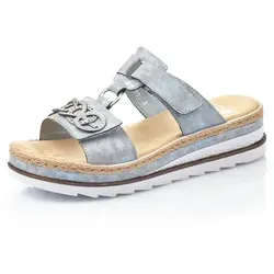 Rieker Pantolette mit Plateau und Strass-Stein-Verzierung, Gr. 42, hellblau - Wanderschuhe, stilvolle Pantolette aus Lederimitat mit komfortablem Plateau und funkelnder Strass-Dekoration für einen eleganten Sommerlook.