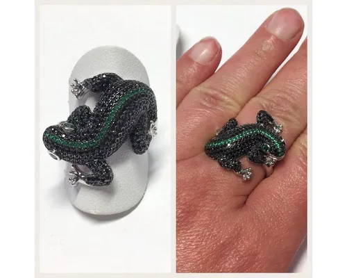 Edelschmiede925 Silberring kleine Echse als Silberring 925 mit farbigen Zirkonias #60