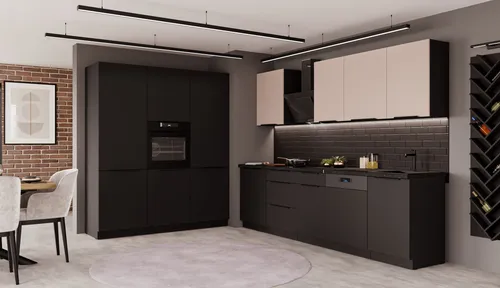 Küche SIENA + ARONA Küchenzeile 280 + 180 cm - Moderne Küchenzeile in trendigem Kaschmir beige matt und schwarz matt. Ideal für effiziente Raumnutzung und viel Stauraum für Küchenutensilien.