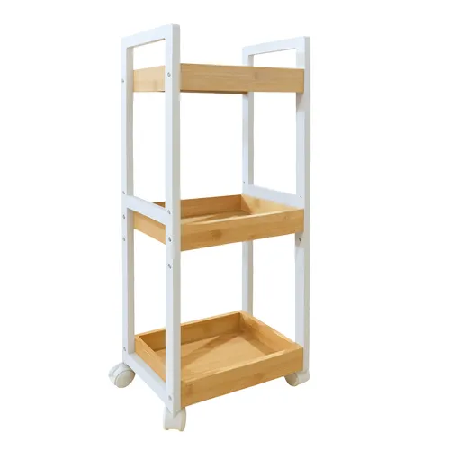 relaxdays Rollwagen Bambus 3 Fäch, Natur-Weiß - Beistellwagen mit 3 Ablagen, höhenverstellbarer mittlerer Ablage und natürlichem Bambusrahmen – ideal für Bad, Küche oder Büro. Schlankes Design für enge Nischen und mobil dank Rollen.