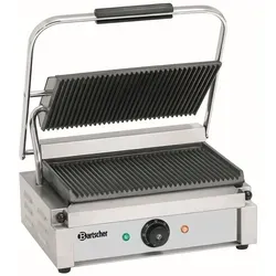 Bartscher Kontaktgrill Panini 1R - 2200 Watt - Multifunktionsgrill für Steaks, Fisch und krosse Paninis. Mit gerillten Gusseisenplatten und stufenloser Temperatureinstellung für perfekte Ergebnisse.
