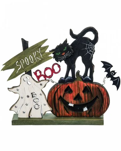 Horror-Shop Dekoobjekt Spooky Katze & Kürbis Standdeko für Halloween 24cm