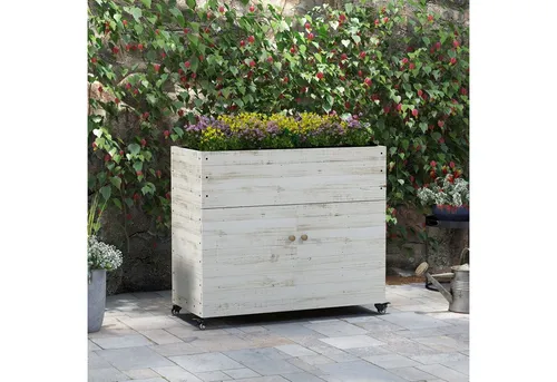 Outsunny Hochbeet Frühbeet aus Holz mit Schrankfach, Kräuterbeet mit Rollen (Blumenkasten, 1 St., Pflanzkasten), für Garten, Balkon, 110 x 50 x 95 cm, Weiß