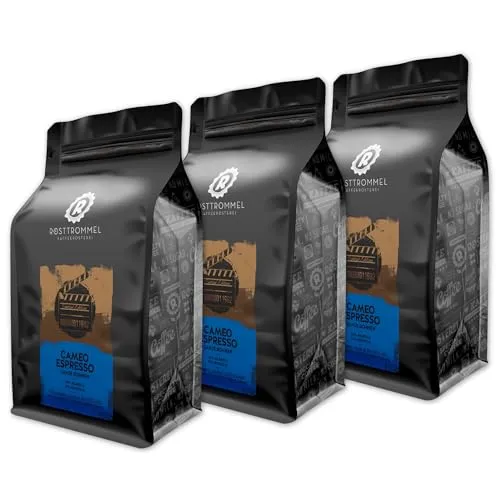 RÖSTTROMMEL Cameo, ESPRESSO, Ganze Kaffee-Bohnen 3x1kg, 50% Arabica, 50% Canephora, Röstung 8/10, 50% Brasilien, 50% Indien, Geschmack: Italienisch - Zartbitter - Schokol, nachhaltiger Spitzenkaffee