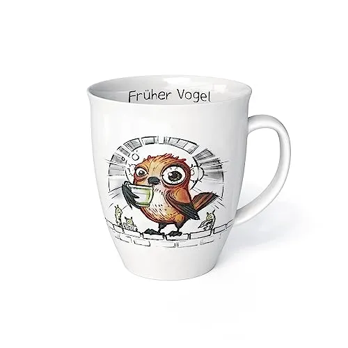 Tasse mit Spruch Tiermotiv mit Spatz Früher Vogel Porzellan Becher Teetasse Kaffeetasse Büro Arbeit