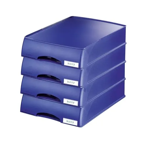 Leitz Briefkorb-Schublade A4, 4er Pack - Premium Briefablagen in Blau für optimale Organisation von A4-Dokumenten. Stapelbar und kombinierbar mit Leitz Plus Briefkörben, ideal für vertrauliche Unterlagen im Büro oder Home Office.
