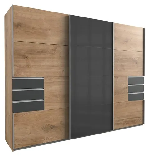 Schwebetürenschrank 3-türig in Eiche Nachbildung mit Glasfront
