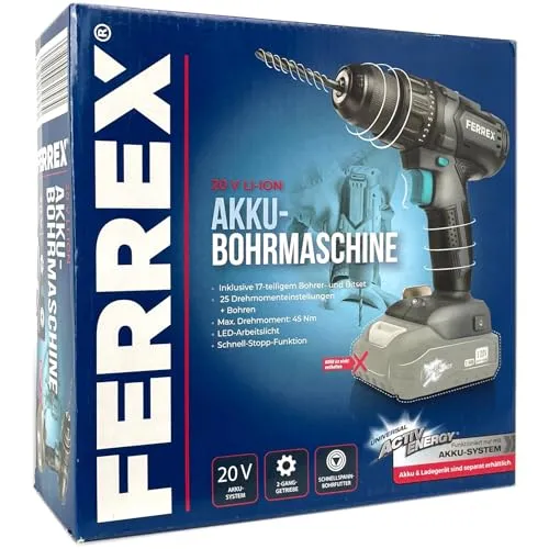 FERREX Akku-Bohrmaschine 20-V-Starter-Pack (ohne AKKU) - Akkuschrauber Set mit 17-tlg. Bit- und Bohrerset, perfekt für DIY-Projekte und handwerkliche Arbeiten.