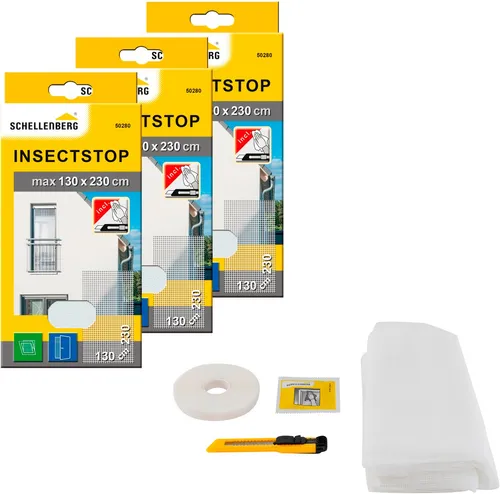 Schellenberg 3er Pack 50280 Fliegengitter für bodentiefe Fenster oder Türen - Fliegengitter, extragroßes Insektenschutz ohne bohren, ideal für 130 x 230 cm Fenster und Türen, inklusive Montagehilfe und waschbar bei 30 °C.