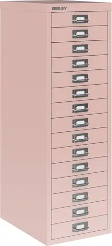 Bisley Multidrawer Schubladenschrank - Pastellpink mit 15 Schubladen - Büroschränke in stilvollem Pastellpink, ideal für Ordnung im Home Office. Robuster Metallkorpus, bereits montiert und mit hohem Fassungsvermögen für Dokumente und Kleinmaterial.