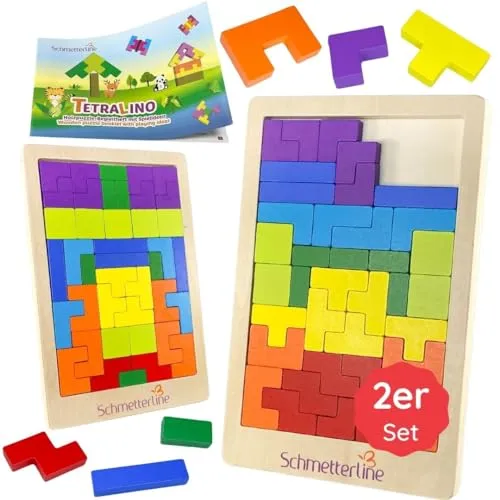 SCHMETTERLINE® Montessori Holzpuzzle ab 3 Jahren – 2er Set Tangram Lernspiel mit 88 Bausteinen & Ersatzteilen – Lernspielzeug aus Holz zur Förderung von Logik, Kreativität & Feinmotorik