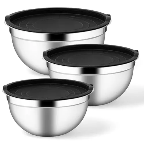 EOGRFW 3Er-Set Rührschüsseln, Salatschüssel, 26 Cm, 22 Cm, 18 Cm | Mit Luftdichten Deckeln, Ohne Silikonboden, Rührschüssel Set for Küche, Backen, Mischen