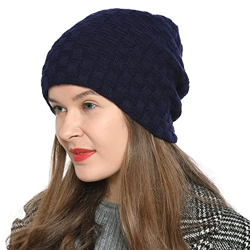 DonDon Mütze Damen Beanie Wintermütze Slouch Strickmütze mit warmen Fleece Innenfutter dunkelblau Navy