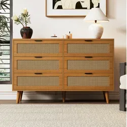 Kommode Aus Spanplatte In Walnuss Mit 6 Schubladen, Rattan-optik, Metallgriffen, 120 X 40 X 76,5 Cm