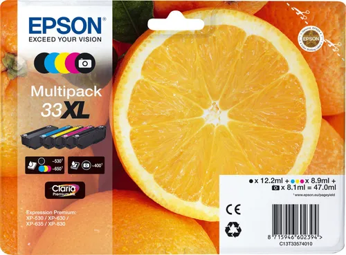 Epson 5 Original 33XL Multipack Tintenpatrone - Tintenpatronen für Tintenstrahldrucker, separat austauschbare Farben für bis zu 30 % Tinte sparen und XL-Format für bis zu 25 % niedrigere Druckkosten.