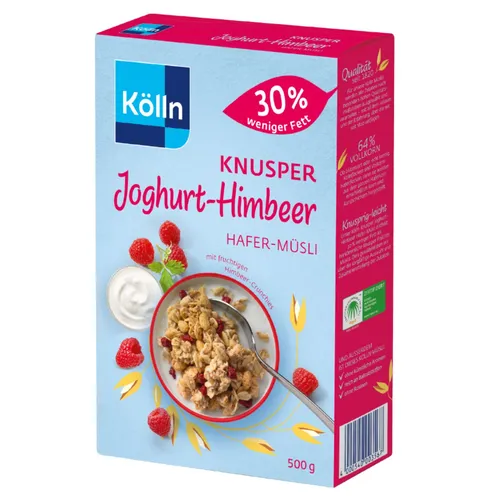 GOURVITA DE Kölln Müsli Knusper Joghurt-Himbeer 500g - Müslis mit 30 % weniger Fett, fruchtig-leichter Knusperspaß mit Himbeer-Crunchies und Joghurt-Mix für fettbewussten Genuss.