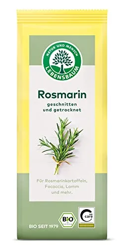 Lebensbaum Rosmarin, Bio-Gewürz für Rosmarinkartoffeln, Focaccia und Lamm mit herber Note, geschnitten und getrocknet, 30 g