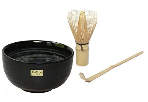 Quertee Teeschale Matcha Set - Handbemalte AQUA Schale mit Chasen und Bambuslöffel - Teeschalen - Original japanische Matcha Schale 