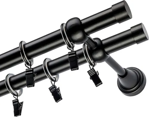 Voppi Gardinenstange Simpla 2-läufig 420 cm 19+19 mm schwarz, silent Vorhangringe mit Klammern, moderne Vorhangstange, einfache Wandmontage