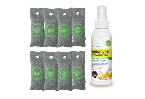 Stimio Anti-Geruch Set - Geruchsentferner für Schuhe - Geruchsentferner ohne Chemie und Strom, bestehend aus 8 Aktivkohle-Beuteln und 100ml probiotischem Spray für frische und trockene Schuhe.