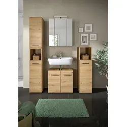 xonox.home Badmöbel-Set Ice, 4tlg. in Artisan Oak - Modernes Badmöbel-Set (150x185x46 cm) mit Hochschrank, Spiegelschrank und Waschplatz. Luxuriöse Artisan Oak Nachbildung sorgt für stilvolles Ambiente und viel Stauraum.