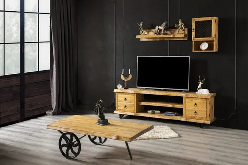 Echt Holz Wohnwand Luxus in Braun mit Couchtisch auf Rädern - Moderne Wohnwand in Braun mit 4 Schubladen und 2 Regalfächern, perfekt für Ihr Wohnzimmer. Inklusive praktischen Couchtisch auf Rädern für flexible Nutzung.