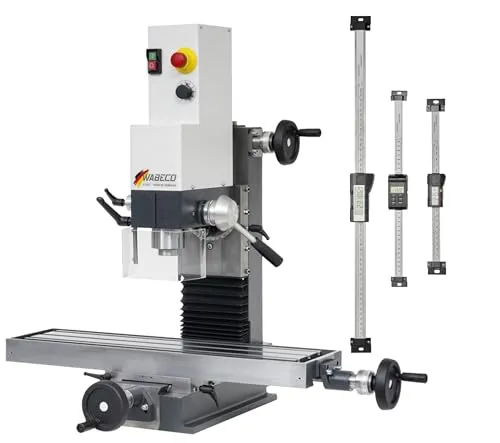 WABECO Fräsmaschine F1210 MK2 mit Digitalen Anbaumessschiebern - Hochpräzise Vertikalfräsmaschine für Metall- und Kunststoffbearbeitung. Mit 1,4 kW Motor und spielfreien Schwalbenschwanzführungen für exakte Ergebnisse und vielseitige Einsatzmöglichkeiten.