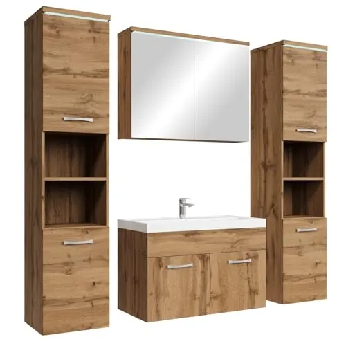 Badplaats B.V. Badezimmer Badmöbel Set Paso XL LED 80cm - Komplett-Set für Badezimmer mit Unterschrank, Waschbecken und zwei Hochschränken. Bietet maximalen Stauraum und ist aus FSC-zertifiziertem Material gefertigt.