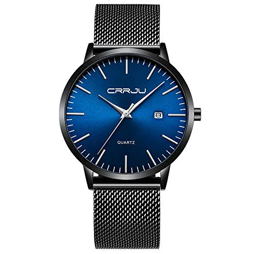 CRRJU Herren Uhr Ultra Dünne Wasserdicht Armbanduhr Herren Mode mit Schwarz Edelstahlband Mesh Analog Quarz Business Männer Uhren (Schwarz Blau)