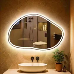 PESENXAN Asymmetrischer Badspiegel mit Beleuchtung 80x53cm - Antibeschlag & 3 Lichtfarben - Modernes Design mit künstlerischer Ästhetik. Der Badspiegel bietet drei Lichtfarben und Antibeschlag-Funktion für klare Reflexionen. Ideal für Badezimmer, Schlafzimmer und mehr.