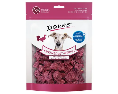 Dokas Entenbrust-Würfel mit Kichererbsen und Rote Beete 150 g für Hunde - Leckere Snacks für Hunde mit 81 % Entenbrust, angereichert mit Kichererbsen und Rote Beete. Ideal für die Belohnung zwischendurch!