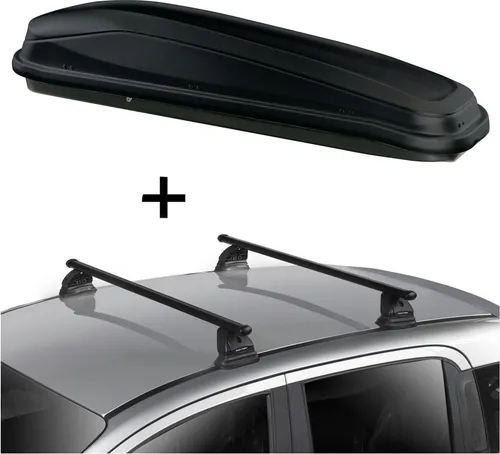 Dachbox JUEASY300 300 Liter schwarz + Dachträger VDP EVO Stahl kompatibel mit Mazda 2 (DE) 3-5 Türer 2007-2015