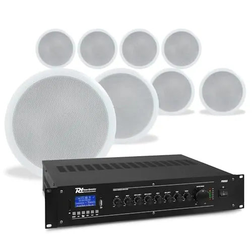 Power Dynamics PRM60 PA Verstärker + 8 Bluetooth Deckenlautsprecher, 5 Zoll, 60 Watt Verstärker mit Bluetooth