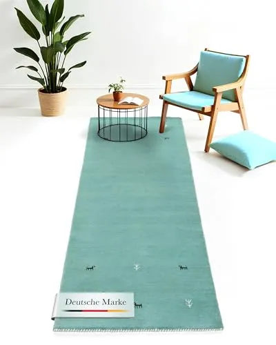 carpetfine Wollteppich Gabbeh Uni Läufer Türkis 75x240 cm - Teppiche – Hochwertiger Wollteppich für Wohn- und Schlafzimmer, pflegeleicht und ideal für Fußbodenheizung. Verleiht jedem Raum eine gemütliche Atmosphäre.