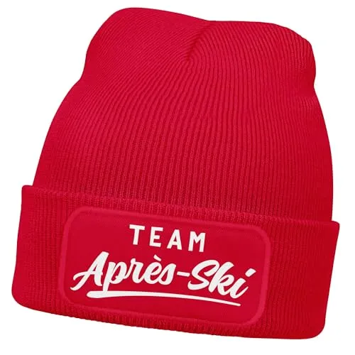 MoonWorks® Herren Beanie mit Patch Strickmütze Skifahren Party Skiurlaub Spruch Aufdruck Lustig Mütze Männer Rot Unisize