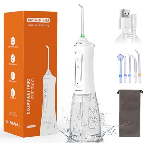 Munddusche Testsieger 2025, 300ML Mundddusche Kabellos, 5 Modi Water Flosser, IPX7 Wasserdicht für Oral Health Enthusiasten Tägliche Tiefenreinigung Reinigung auf Reisen 5 Multifunktionale Jet-Tipps