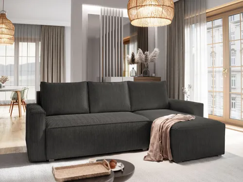 Masseno Ecksofa POTARO mit Schlaffunktion, Graphitfarben - Ecksofa mit praktischer Schlaffunktion und Stauraum für Bettzeug – ideal für Gäste und platzsparend. Stilvolles Design für Ihr Wohnzimmer.