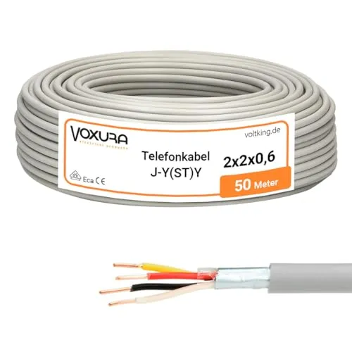 Voxura Telefonkabel J-Y(ST) Y 2X2X0,6 50m Ring grau 4 Adern Fernmeldeleitung Installationsleitung