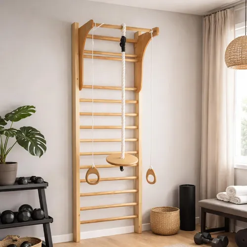 QLS Multifunktionale Holz Turnleiter 195x80 cm braun - Vielseitige Gymnastikleiter für Kinder und Erwachsene. Robuste Konstruktion aus Buchen- und Kiefernholz, ideal für Kraft- und Beweglichkeitstraining, bis 200 kg belastbar.