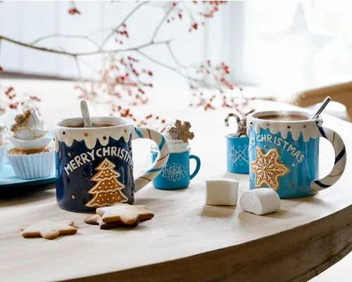 Tasse mit Lebkuchen Keramik 9.5cm hellblau / dunkelblau, 1 Stück sort.