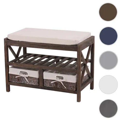 Schuhregal HWC-C48, Sitzbank Schuhablage im Shabby-Look - Schuhschrank im Vintage-Look mit 2 Schubladen und Ablagefach, aus hochwertigem Paulowniaholz, inklusive waschbarem Sitzkissen - ideal für jede Wohnung!