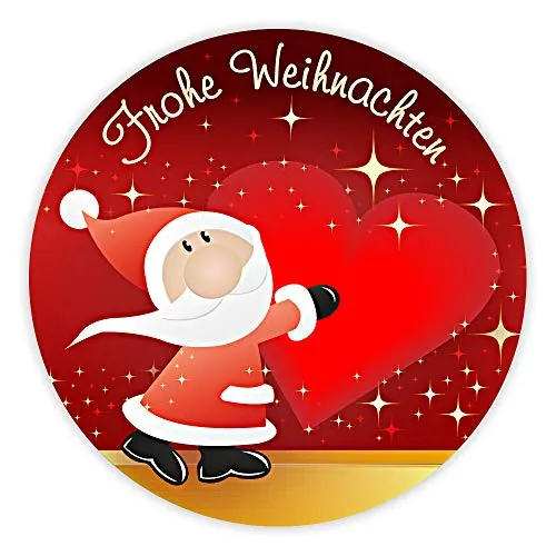 Weihnachtsaufkleber Weihnachtssticker Frohe Weihnachten mit Weihnachtsmann und Herz rund Ø 30 mm, 100 Stück auf Rolle, Haftpapier glänzend