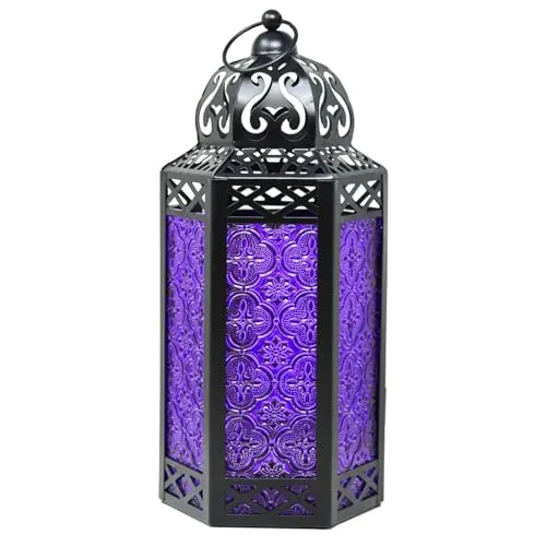 Dekorative marokkanische Laterne aus schwarzem Metall mit Kerzenhalter – Innen-/Außenbereich, Heimdekoration, Halloween, Terrasse, Hochzeiten, Weihnachten, groß, lila