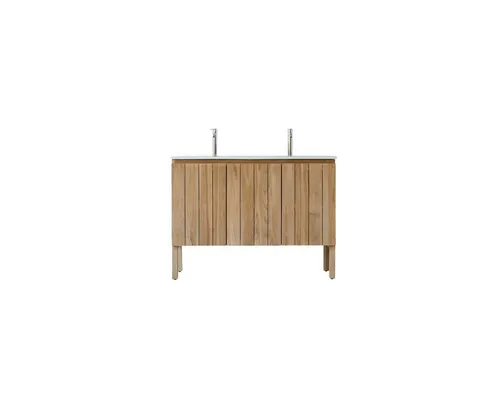 Tikamoon Doppelwaschtisch aus Teak mit Keramikwaschbecken 120 cm - Eleganter Doppelwaschtisch aus FSC®-zertifiziertem Teakholz mit integriertem Keramikwaschbecken. Ideal für ein modernes Bad, bietet praktische Ablageflächen und ein zeitloses Design.
