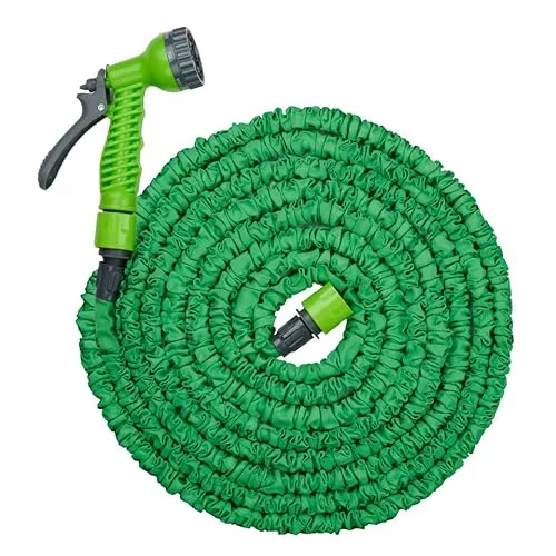 Kinzo Flexibler Gartenschlauch 15 m – Ausziehbar mit 7 Sprühpositionen - Dieser 15 m lange, flexible Gartenschlauch passt sich optimal an und bietet durch den Sprühkopf mit 7 Funktionen vielfältige Einsatzmöglichkeiten. Ideal für die Gartenbewässerung und platzsparend aufbewahrbar.