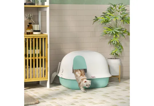 PawHut Katzentoilette Kunststoff - Katzenklos mit innovativem halb offenen Kanal und Sandabfalllöchern für ein sauberes Zuhause. Das geschlossene Design und die praktische Frontklappe machen die Reinigung zum Kinderspiel.