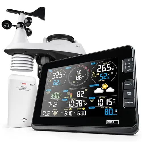 EMOS Wetterstation WLAN mit Windmesser und Regenmesser - zur Wettervorhersage, für drinnen & draußen - Überwacht Zeit, Datum, Temperatur, Luftfeuchtigkeit, Luftdruck - 12-24 Stunden Vorhersage