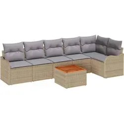 vidaXL 7-teiliges Garten Sofa Set mit Kissen Beige - Gartenmöbel Set für bis zu 5 Personen, elegantes Poly-Rattan-Design mit abnehmbaren, waschbaren Kissen – ideal für entspannte Stunden im Freien.