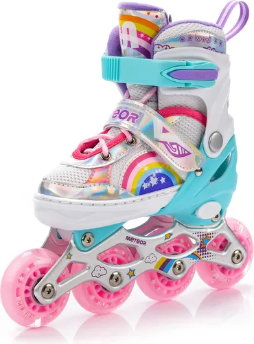 meteor Inlineskates 4in1 Kinder - Rainbow XS 25-28 - Inline Skates für Kinder mit 4-in-1 System: Schlittschuhe, Inline-Skates, Rollschuhe. Verstellbare Größe und langlebige Aluminiumkufen für sanftes Fahren und Sicherheit.